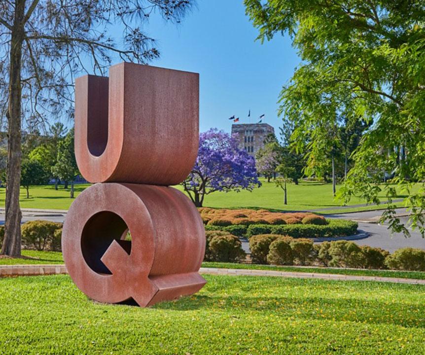 A sculpture that spells UQ on the St Lucia campus