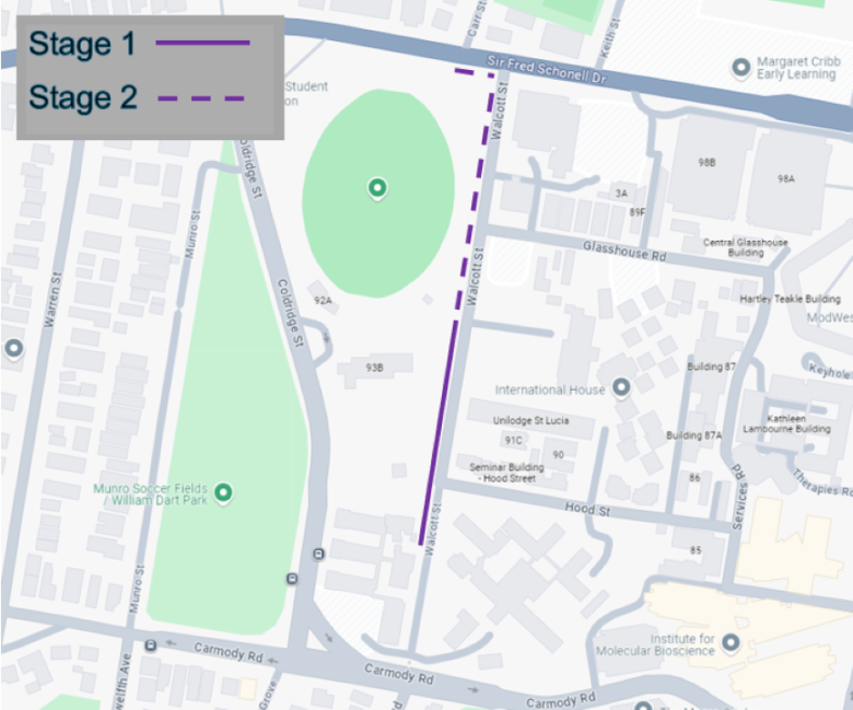 Aerial map view of St Lucia campus, showing a solid line illustrating stage 1 works on Walcott Street and a broken line for stage 2 works