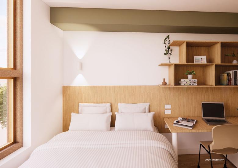 Artistic render of student residences bedroom with large windows, double bed and wooden desk