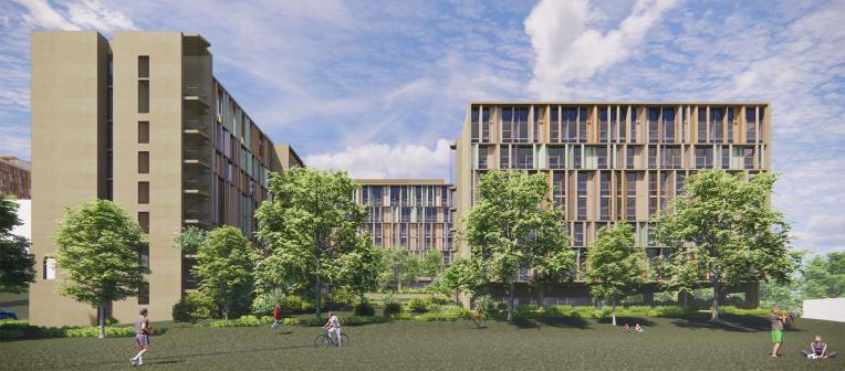 Render of the exterior of the new UQ residences surrounded by leafy trees