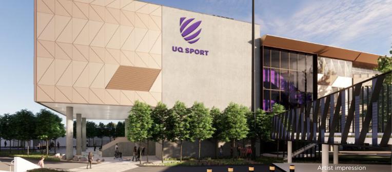 Front view of an angular modern building faced in sandstone and glass with a purple UQ Sport logo