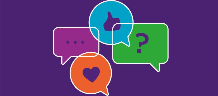 Graphic logo of speech bubbles and emojis