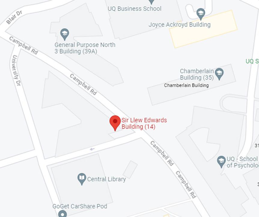 A map with the location of the Sir Llew Edwards Building at St Lucia