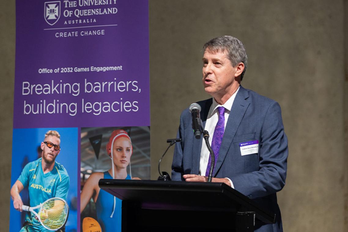 Professor Bruce Abernethy speaks at the Office of 2032 Games Engagement launch event