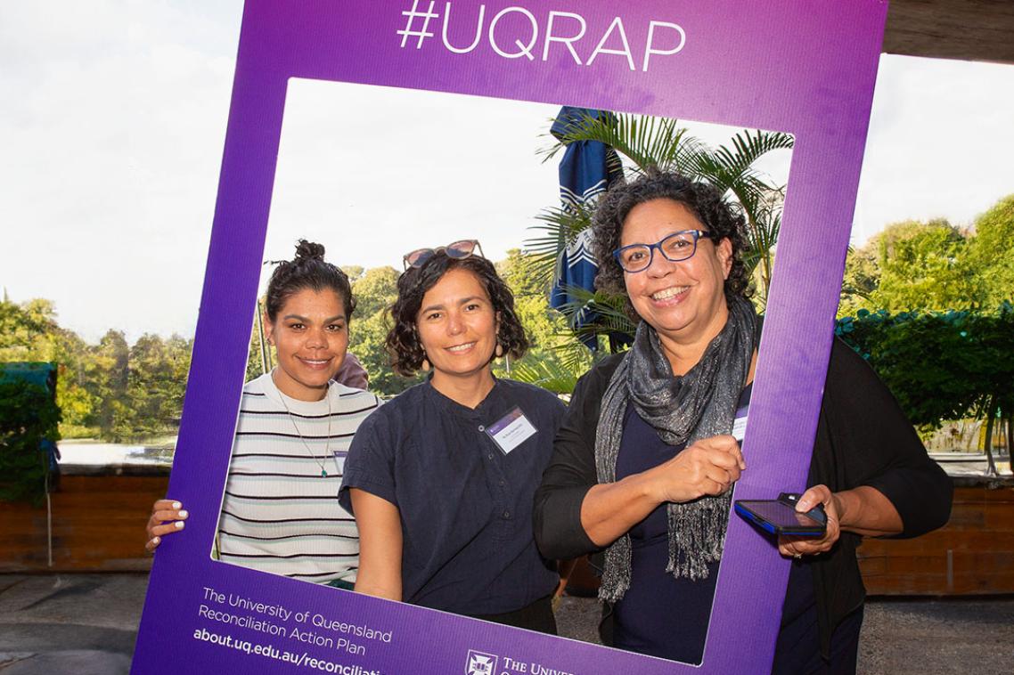 Three attendees at the launch of UQ's RAP, 2019