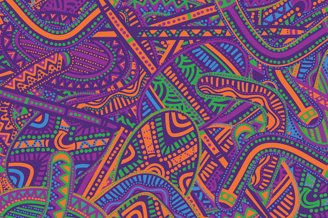 Indigenous artwork of the Brisbane river and tools