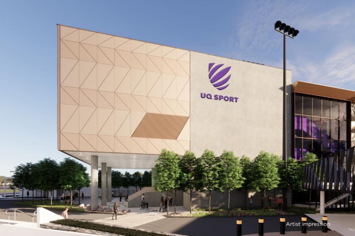 Artist impression of new fitness centre. It is a modern angular building faced in sandstone with a purple UQ Sport log. 